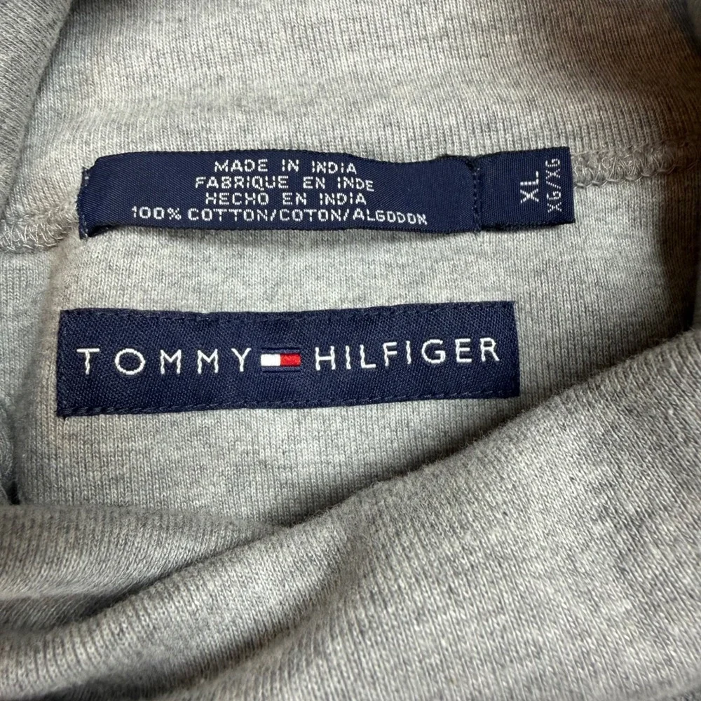 Tommy Hilfiger Mens XL Gray Striped Turtleneck Long Sleeve Cotton Shirt Navy Red
